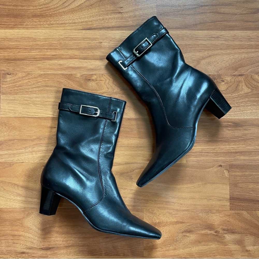 Black Leather Heeled Square Toe Ankle Boots